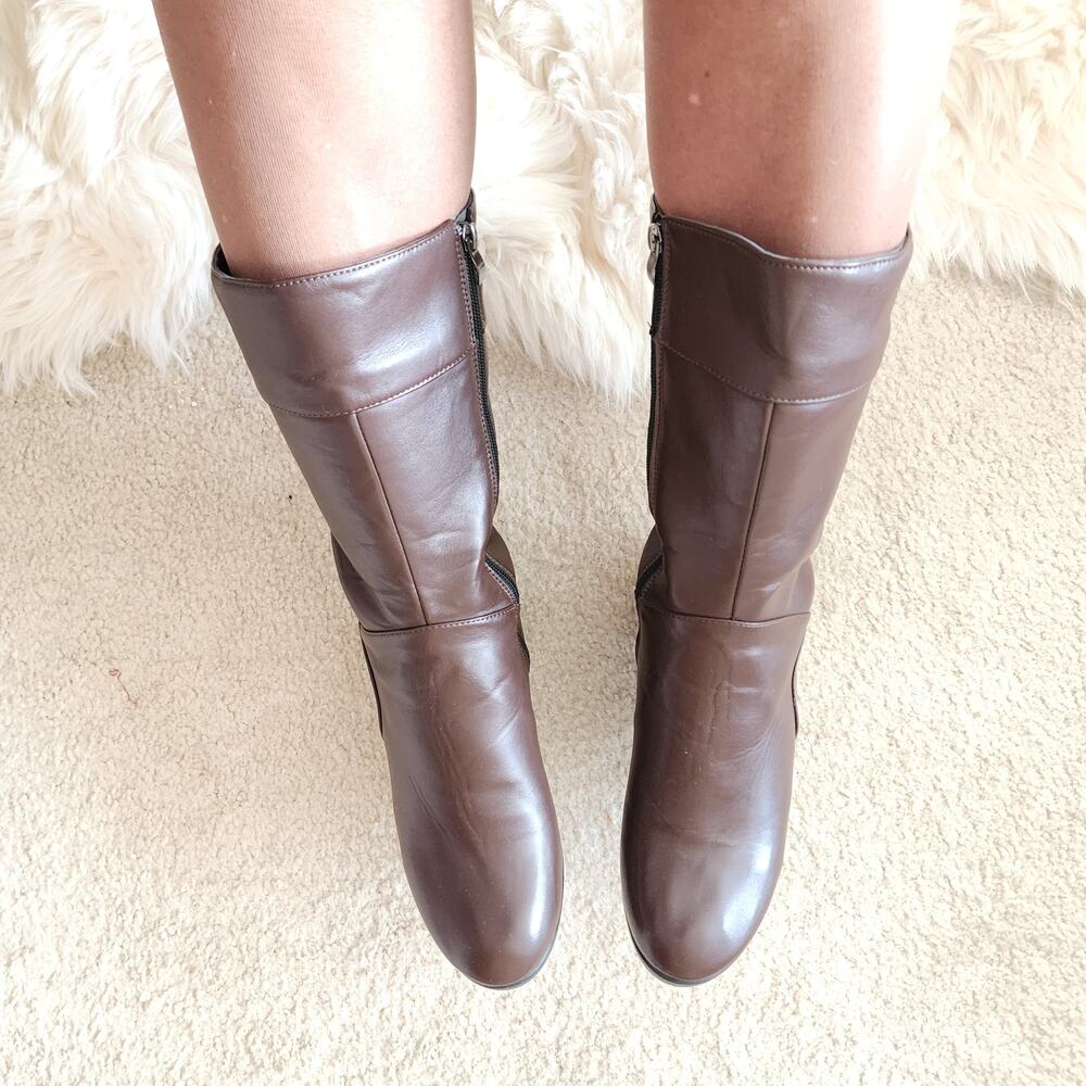 Brown Leather Mid-Calf Fleece Boots, Side Zipper Lace Detail, Silver Metal Sz 9